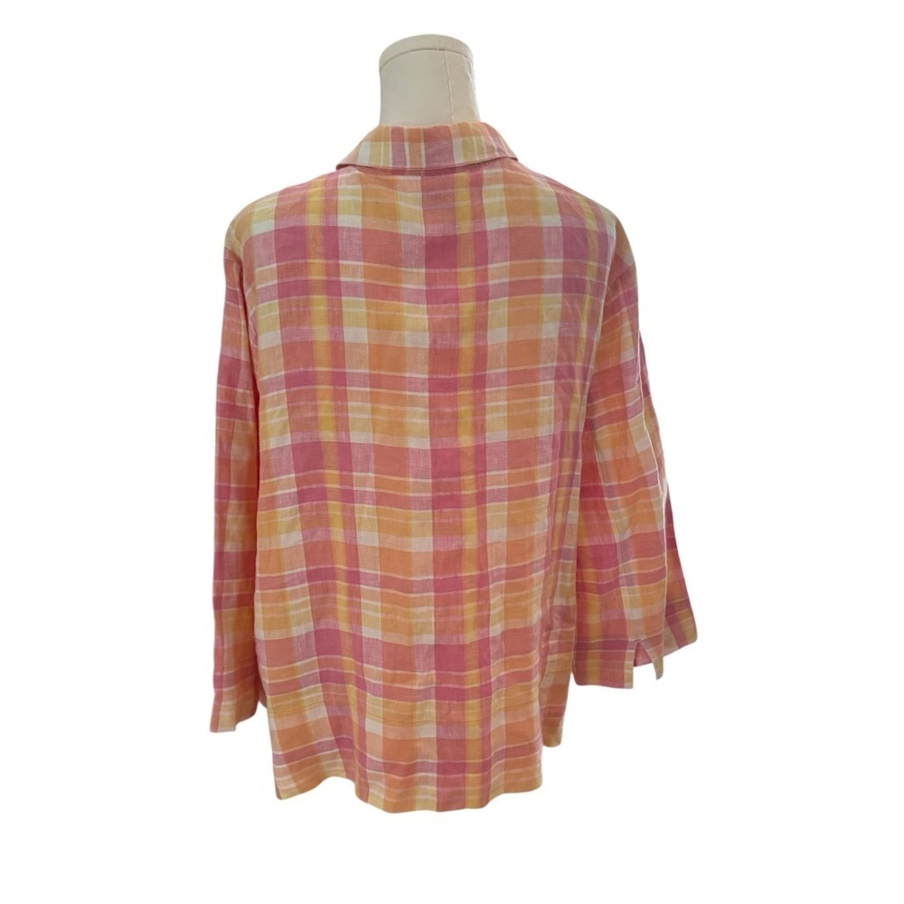 Women's XL Pastel Pink Yellow Plaid 100% Linen Boxy Button-Up Breathable Shirt - Picture 8 of 9